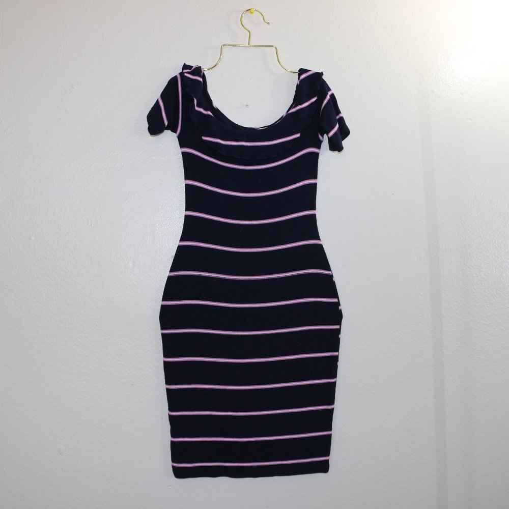 Decree Navy Blue Ribbed Off-the-Shoulder Dress - Pink and White Stripes - Ruffle